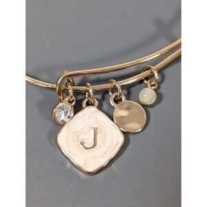 Initial Letter J Charm Bracelet Gold Tone‎ Cream Enamel Rhinestone 7"